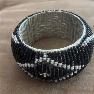 Handmade African Black & White Beaded Bangle Bracelet Tribal Artisan